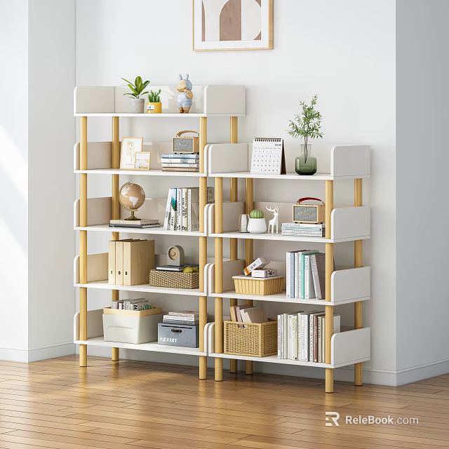 White And Wooden Multi Tiered Bookcase With Books Decorative Items Green Plants And Storage Baskets 3d model 