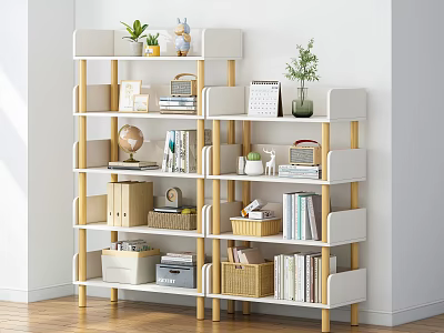 White And Wooden Multi Tiered Bookcase With Books Decorative Items Green Plants And Storage Baskets 3d model