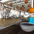 Modern Restaurant Interior Design With Wooden Beams Orange Lanterns And Long Tables