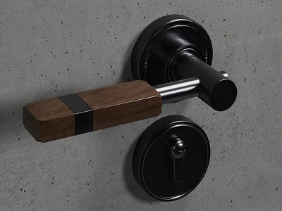 Modern Door Handle With Walnut Wood Lever And Black Metal Base On Concrete Wall 3d model