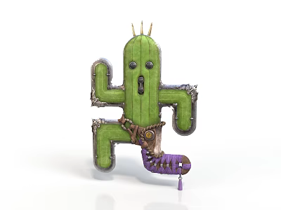 Wood And Stone Cactus Sculpture Unique Design With Green Finish And Decorative Details 3d model