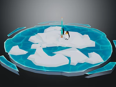 Cartoon Scene Featuring Penguin on Ice Surface with Ice Blocks and Ice Hole 3d model