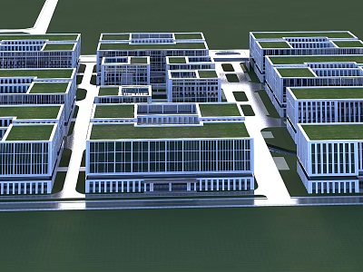 Modern Office Complex With Green Roofs Large Glass Windows And Contemporary Design 3d model
