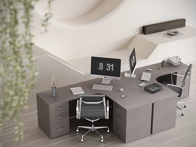 Modern Gray Office Desk Interior With Dual Monitors Ergonomic Chair Drawers And Plants 3d model