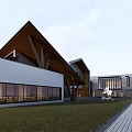 Modern Waterfront Architecture With Unique Roof Design Glass Windows And Reflection On Water 3d model
