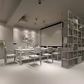 Modern Conference Room with Gear Decor Whiteboard Charts Metal Shelf Green Plants Tables Chairs Spotlights