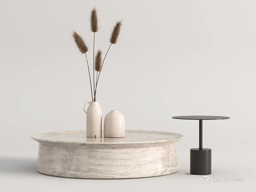 Round Textured Stone Coffee Table with White Vase Dried Pampas Grass and Black Side Table 3d model 