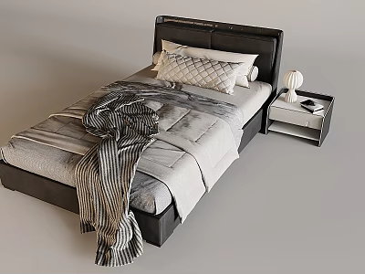 Single Bed With Black Headboard Striped Blanket Pillows And Nightstand Lamp 3d model