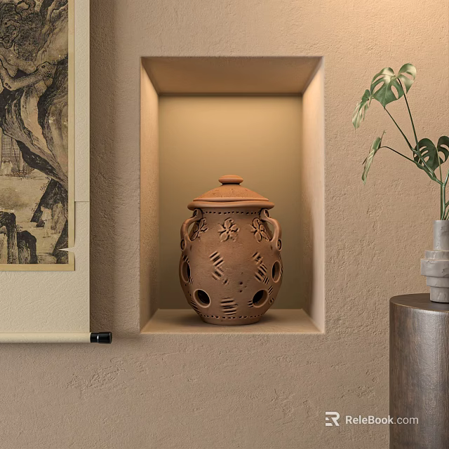Decorative Clay Pot With Intricate Patterns In Illuminated Wall Niche And Potted Plant 3d model 