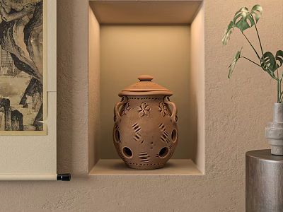 Decorative Clay Pot With Intricate Patterns In Illuminated Wall Niche And Potted Plant 3d model