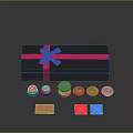 Black Gift Box Decorated With Pink Ribbon Bow And Colorful Stamps In Various Shapes