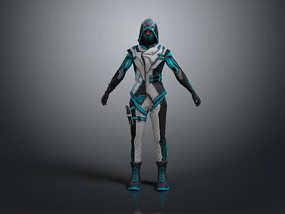 Futuristic Armored Sci Fi Character Wearing Blue And White Cybernetic Armor With Masked Helmet Design 3d model