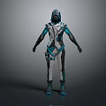 Futuristic Armored Sci Fi Character Wearing Blue And White Cybernetic Armor With Masked Helmet Design