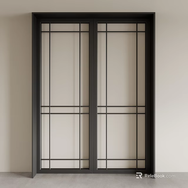 Modern Interior Double Doors Design With Black Frame And Glass Panels 3d model 