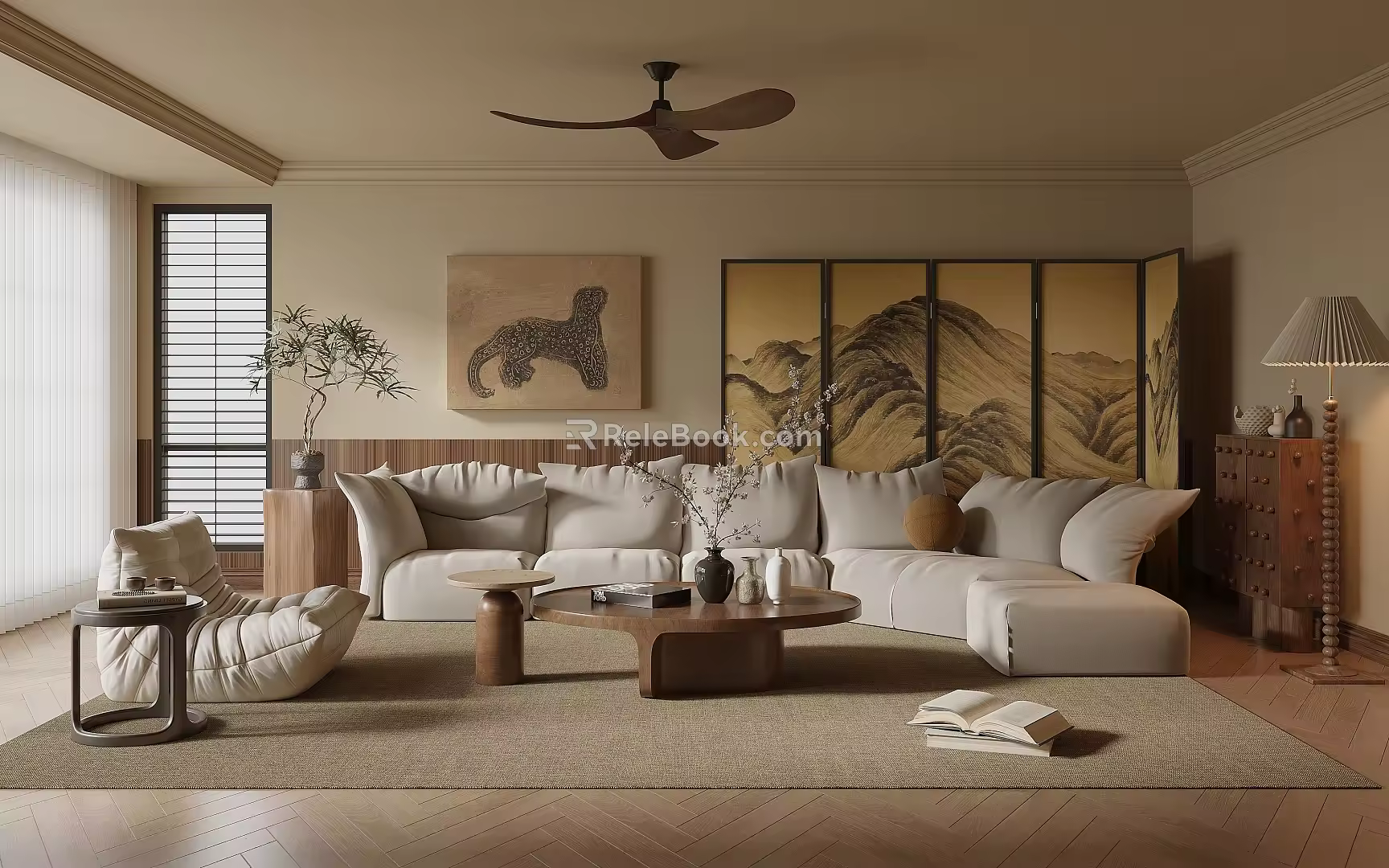 Quiet Ancient Style Home Living Room Sofa Coffee Table Combination Leisure Sofa Chair Decorative Cabinet Side Table Corner Table Screen Partition Ornaments Floor Lamp 3d model