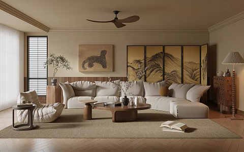 Quiet Ancient Style Home Living Room Sofa Coffee Table Combination Leisure Sofa Chair Decorative Cabinet Side Table Corner Table Screen Partition Ornaments Floor Lamp 3d model