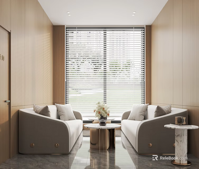 Hotel Public Lounge With Light Wood Walls Gray Sofas And Floral Decor 3d model 