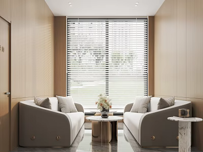 Hotel Public Lounge With Light Wood Walls Gray Sofas And Floral Decor 3d model