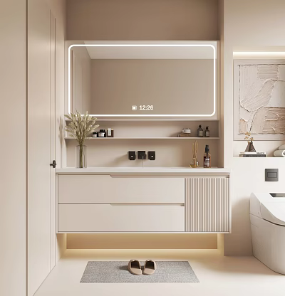 Modern Bathroom Vanity Design With Backlit Mirror Cabinets Drawers And Toiletries 3d model