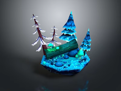Blue Glowing Pine Trees With Green Mossy Log And Small Stones On Island Base 3d model