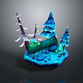 Blue Glowing Pine Trees With Green Mossy Log And Small Stones On Island Base