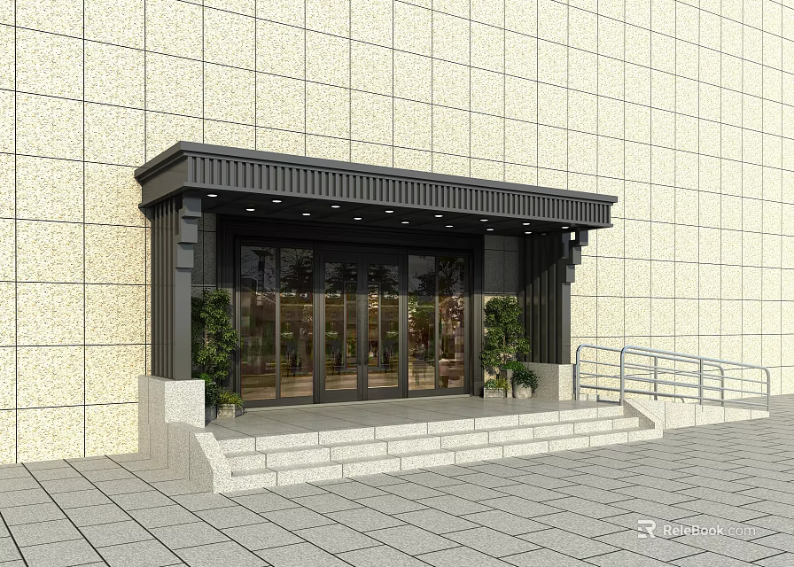 Black Building Entrance Awning With Glass Doors Green Plants Steps And Railings 3d model 