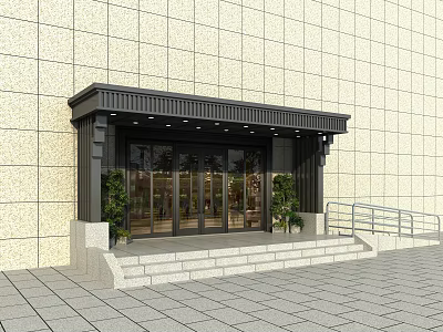 Black Building Entrance Awning With Glass Doors Green Plants Steps And Railings 3d model