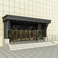 Black Building Entrance Awning With Glass Doors Green Plants Steps And Railings