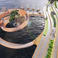 Scenic Waterfront Landscape With Circular Viewing Platform Boats On Water And Surrounding Trees