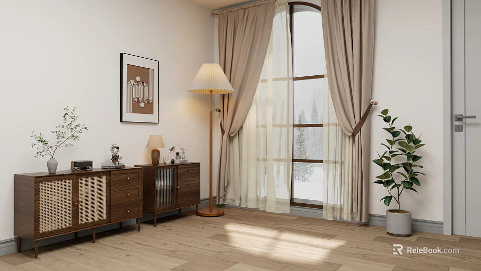 Bright Living Room Interior With Beige Curtains Floor Lamp Wooden Cabinet And Potted Plant 3d model 