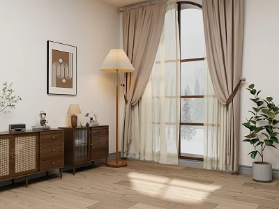 Bright Living Room Interior With Beige Curtains Floor Lamp Wooden Cabinet And Potted Plant 3d model