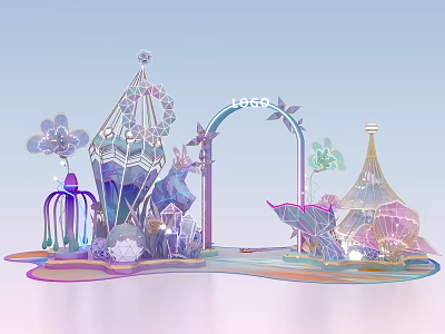 Colorful Fantasy Decorations With Crystal Towers Flower Ornaments Arch And Seashells For Magical Event 3d model