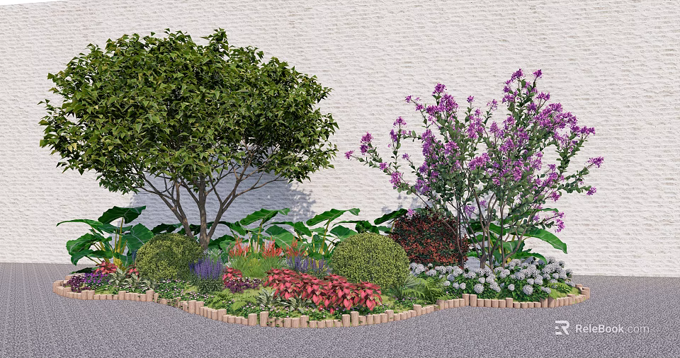 Lush Garden Shrubs With Colorful Flowers Green Trees And Wooden Border 3d model 