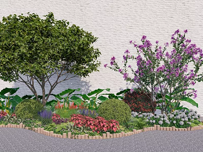 Lush Garden Shrubs With Colorful Flowers Green Trees And Wooden Border 3d model