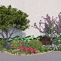 Lush Garden Shrubs With Colorful Flowers Green Trees And Wooden Border
