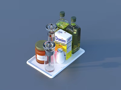 Kitchen Condiments On White Tray With Demitasse Cup Oil Bottles And Spice Jars 3d model