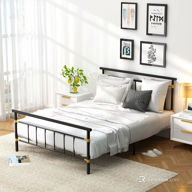Modern Black Metal Bed Frame With White Pillows Nightstand Lamp And Green Plant 3d model 