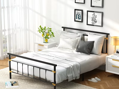 Modern Black Metal Bed Frame With White Pillows Nightstand Lamp And Green Plant 3d model