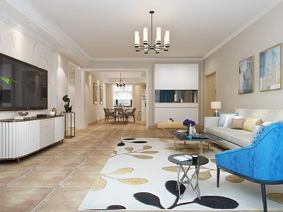 Modern Living and Dining Room Interior With Blue Sofa Chandelier Dining Table And Rug 3d model