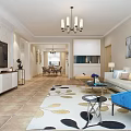 Modern Living and Dining Room Interior With Blue Sofa Chandelier Dining Table And Rug