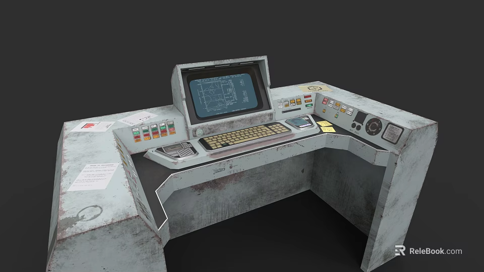 Industrial Electronic Control Console With Display Screen Keyboard Control Buttons And Knobs 3d model 