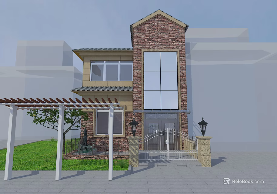 Two Story Detached House With Brick Exterior Large Glass Windows Iron Gate And Green Lawn 3d model 