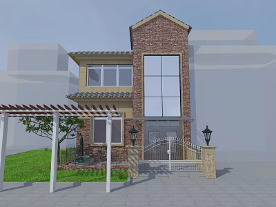 Two Story Detached House With Brick Exterior Large Glass Windows Iron Gate And Green Lawn 3d model