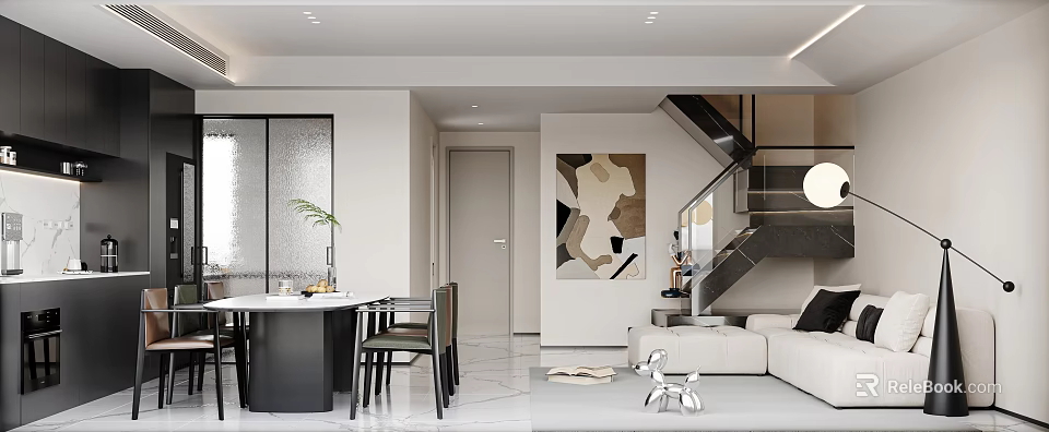 Modern Open Living Dining Room Interior With Dining Table Sofa Abstract Artwork And Staircase 3d model