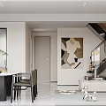 Modern Open Living Dining Room Interior With Dining Table Sofa Abstract Artwork And Staircase 3d model