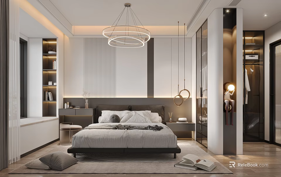 Modern Bedroom Interior With Circular Hanging Lights Striped Accent Wall Bedside Tables And Soft Rug 3d model 