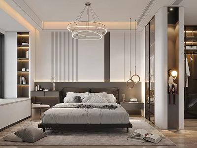 Modern Bedroom Interior With Circular Hanging Lights Striped Accent Wall Bedside Tables And Soft Rug 3d model