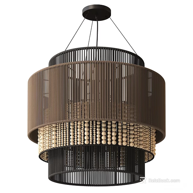Modern Brown Slatted Chandelier With Beaded Bottom And Cylindrical Design 3d model