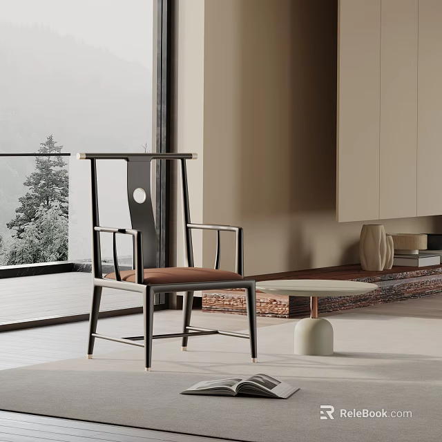 Modern Leisure Chair With Metal Frame Brown Cushion In Indoor Space With Window View 3d model 