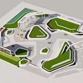 Modern Park Landscape With Geometric Green Spaces Paved Pathways And Seating Areas
